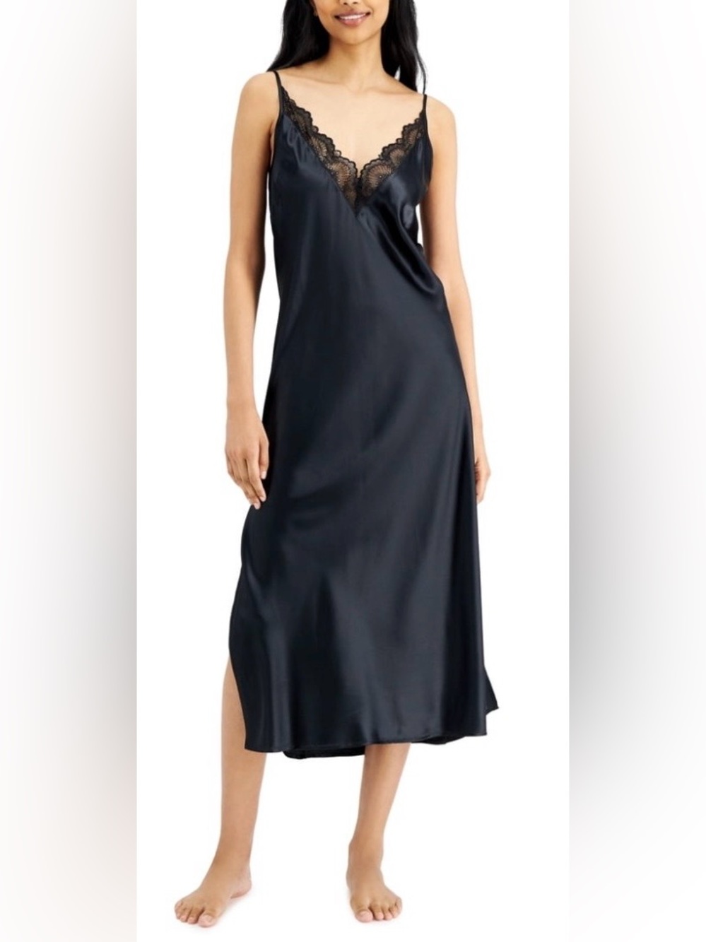 International Concepts Satin Like Lace-Trim Slip Long Nightgown Black Size M NWT